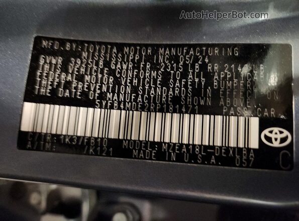 5YFB4MDE2RP181471 2024 TOYOTA COROLLA Серый Вид подкапотного пространства