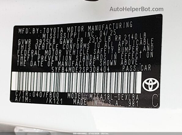 5YFB4MDE2SP308404 2025 TOYOTA COROLLA Белый Вид подкапотного пространства