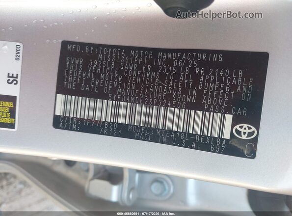 5YFB4MDE2SP324506 2025 TOYOTA COROLLA Silver Vista del compartimento del motor