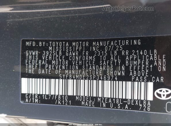 5YFB4MDE2SP346974 2025 TOYOTA COROLLA Gray Вид підкапотного простору