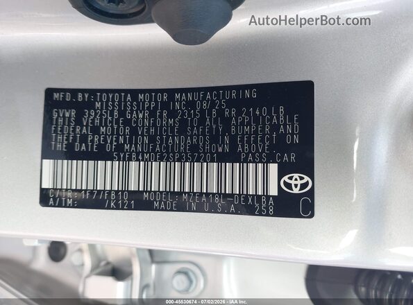 5YFB4MDE2SP357201 2025 TOYOTA COROLLA Silver Շարժիչի բաժամունքի տեսք