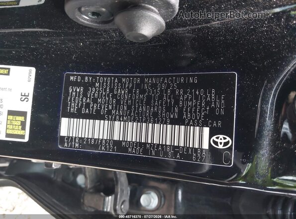5YFB4MDE2TP361279 2026 TOYOTA COROLLA Black ძრავის განყოფილების ხედი