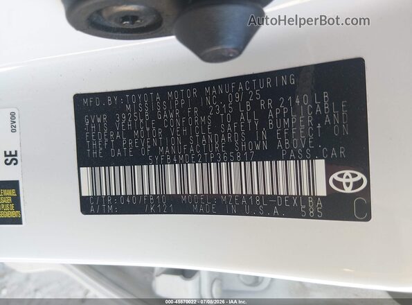 5YFB4MDE2TP365817 2026 TOYOTA COROLLA White ძრავის განყოფილების ხედი