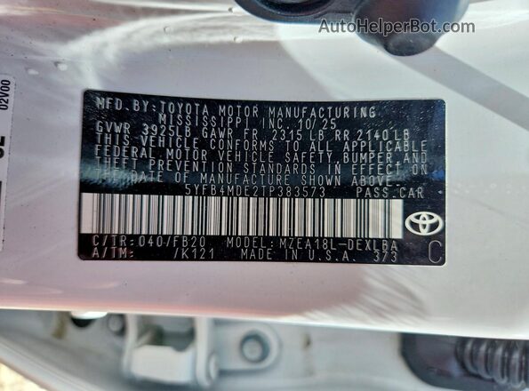 5YFB4MDE2TP383573 2026 TOYOTA COROLLA White VIN sticker view