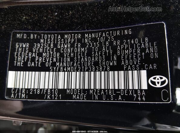 5YFB4MDE2TP383878 2026 TOYOTA COROLLA Black Вид підкапотного простору