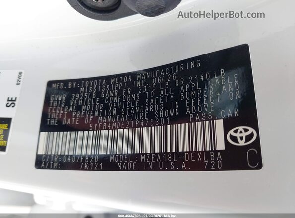 5YFB4MDE2TP475301 2026 TOYOTA COROLLA Белый Вид подкапотного пространства