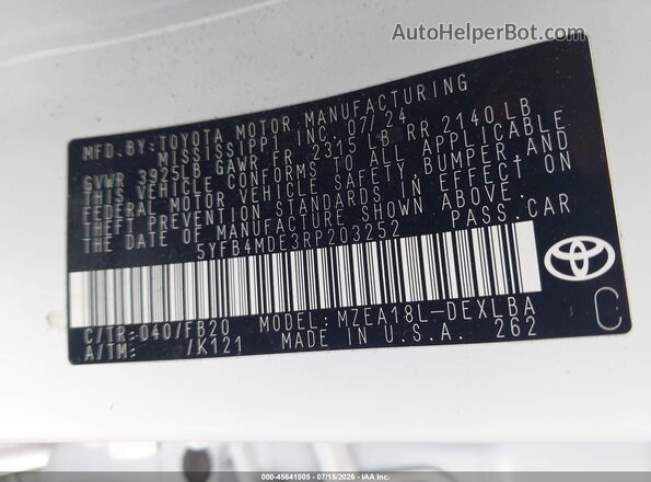5YFB4MDE3RP203252 2024 TOYOTA COROLLA White Вид підкапотного простору