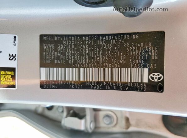 5YFB4MDE3SP236404 2025 TOYOTA COROLLA Silver Vista de la etiqueta del VIN