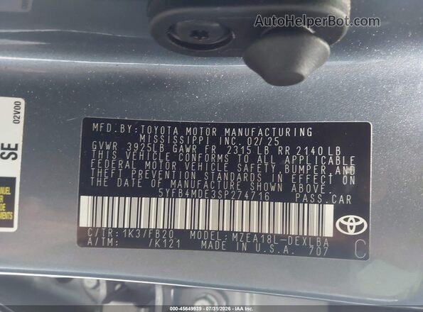 5YFB4MDE3SP274716 2025 TOYOTA COROLLA Blue Շարժիչի բաժամունքի տեսք