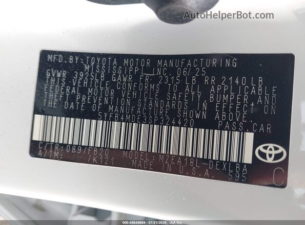 5YFB4MDE3SP324420 2025 TOYOTA COROLLA Белый Вид подкапотного пространства