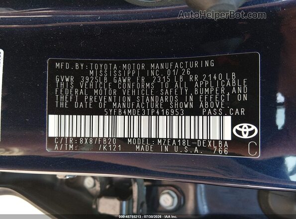5YFB4MDE3TP416953 2026 TOYOTA COROLLA Blue Engine compartment view
