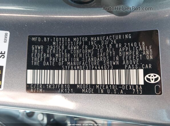 5YFB4MDE3TP444073 2026 TOYOTA COROLLA Gray Vista del compartimento del motor