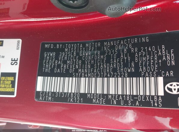 5YFB4MDE3TP472228 2026 TOYOTA COROLLA Красный Вид подкапотного пространства