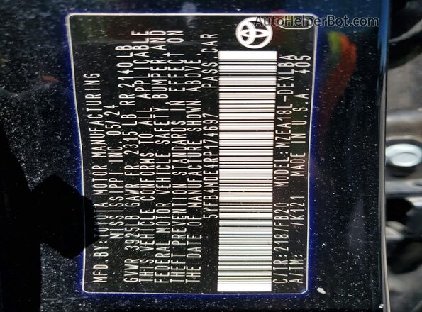 5YFB4MDE4RP174697 2024 TOYOTA COROLLA Черный Вид наклейки с VIN-кодом