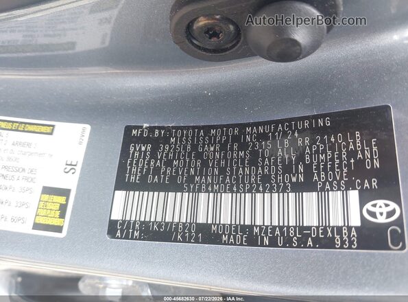 5YFB4MDE4SP242373 2025 TOYOTA COROLLA Серый Вид подкапотного пространства