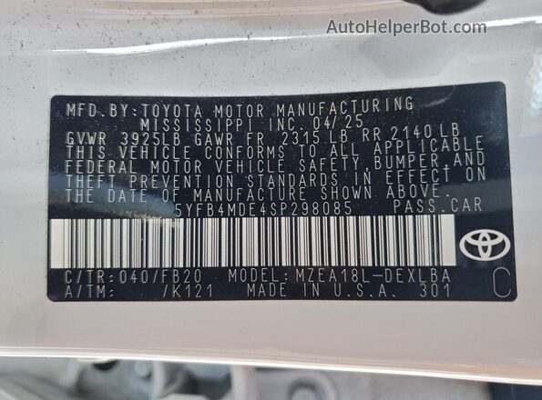 5YFB4MDE4SP298085 2025 TOYOTA COROLLA White Vista del compartimento del motor