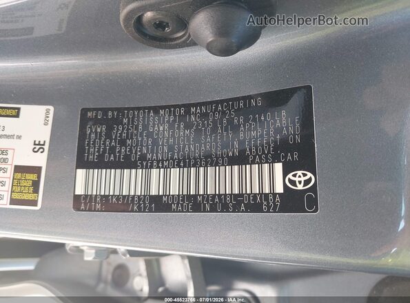 5YFB4MDE4TP362790 2026 TOYOTA COROLLA Gray Engine compartment view