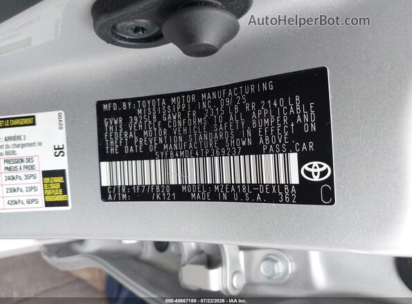 5YFB4MDE4TP369237 2026 TOYOTA COROLLA Silver Widok komory silnika