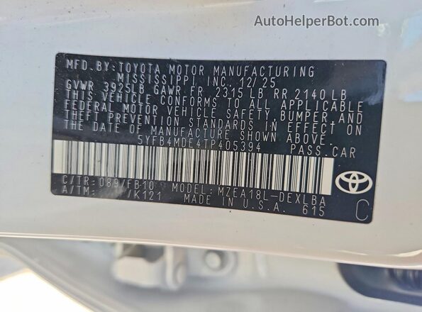 5YFB4MDE4TP405394 2026 TOYOTA COROLLA White Widok komory silnika