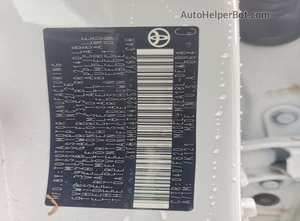 5YFB4MDE4TP422857 2026 TOYOTA COROLLA White Vista del compartimento del motor