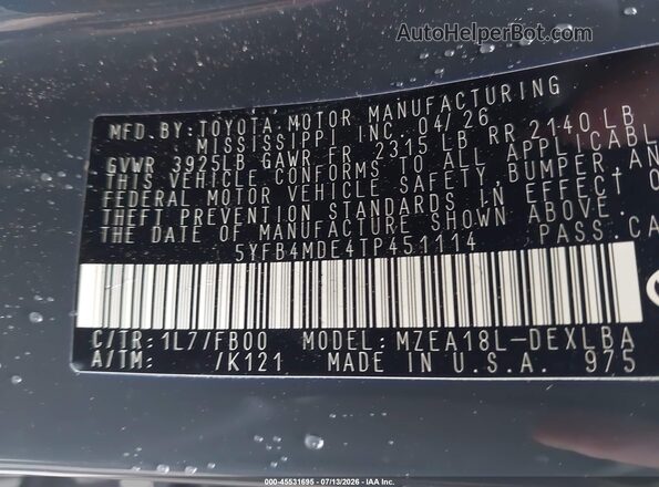 5YFB4MDE4TP451114 2026 TOYOTA COROLLA Серый Вид подкапотного пространства