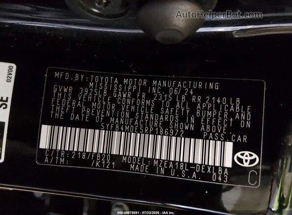 5YFB4MDE5RP186972 2024 TOYOTA COROLLA Черный Вид подкапотного пространства
