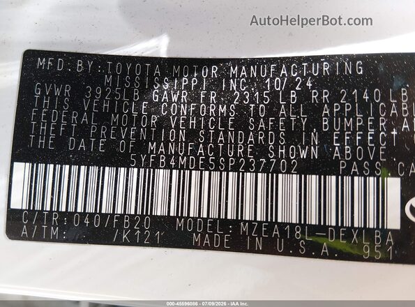 5YFB4MDE5SP237702 2025 TOYOTA COROLLA Белый Вид подкапотного пространства