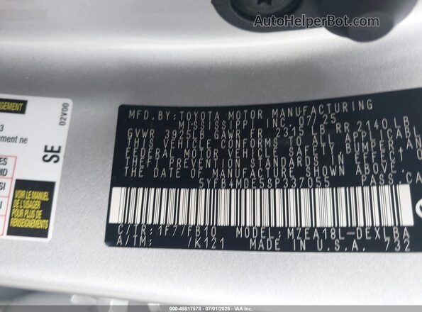 5YFB4MDE5SP337055 2025 TOYOTA COROLLA Gray Вид підкапотного простору