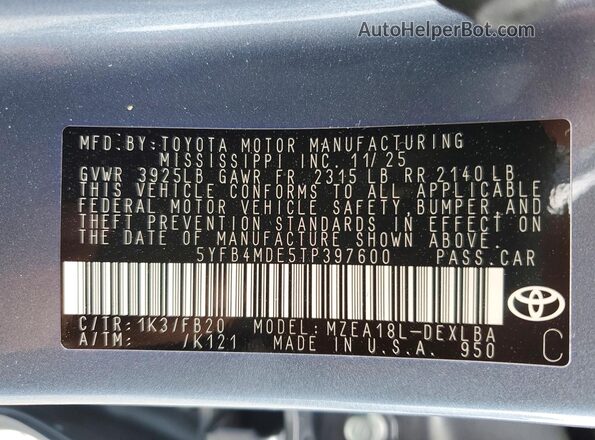 5YFB4MDE5TP397600 2026 TOYOTA COROLLA Blue VIN sticker view