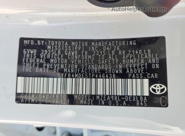 5YFB4MDE5TP446438 2026 TOYOTA COROLLA White ძრავის განყოფილების ხედი