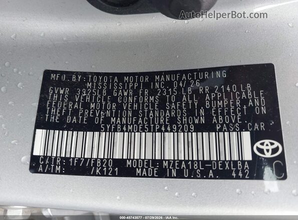 5YFB4MDE5TP449209 2026 TOYOTA COROLLA Silver Engine compartment view
