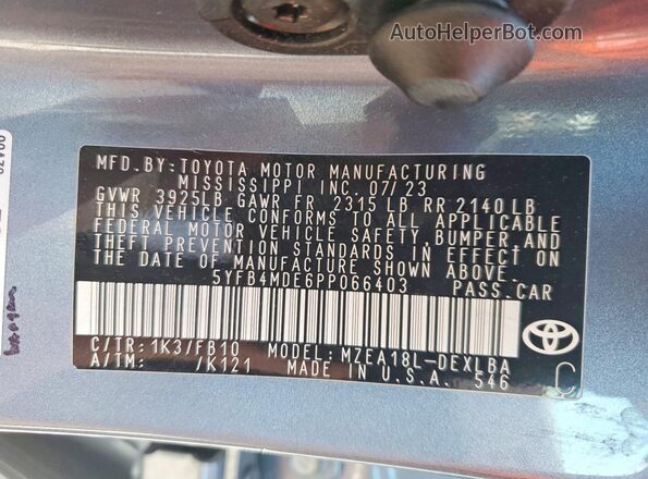 5YFB4MDE6PP066403 2023 TOYOTA COROLLA Синий Вид наклейки с VIN-кодом