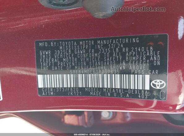 5YFB4MDE6SP257635 2025 TOYOTA COROLLA Red Widok komory silnika
