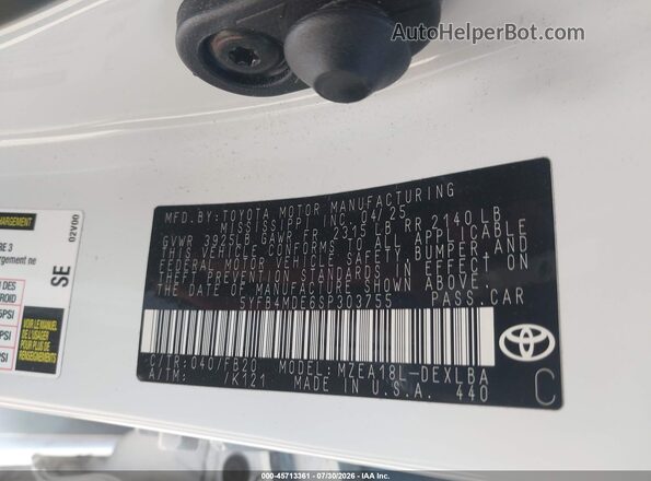5YFB4MDE6SP303755 2025 TOYOTA COROLLA White Widok komory silnika