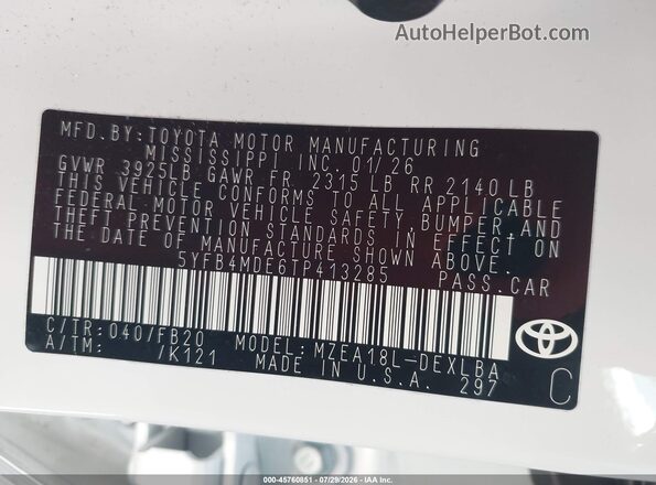 5YFB4MDE6TP413285 2026 TOYOTA COROLLA White Vista del compartimento del motor