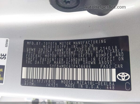 5YFB4MDE6TP416686 2026 TOYOTA COROLLA Silver Engine compartment view