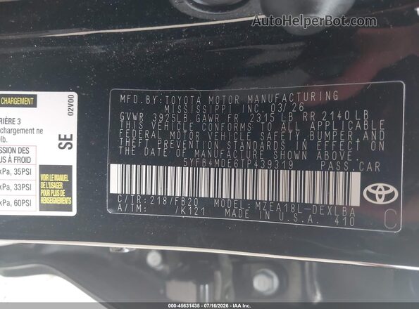 5YFB4MDE6TP439319 2026 TOYOTA COROLLA Black Engine compartment view
