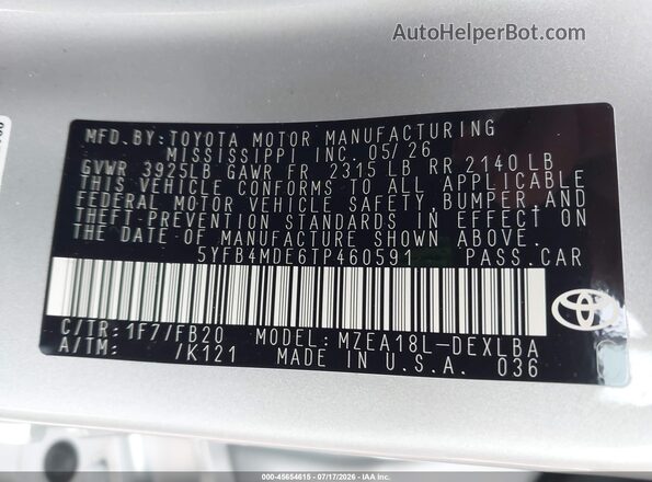5YFB4MDE6TP460591 2026 TOYOTA COROLLA Silver Vista del compartimento del motor