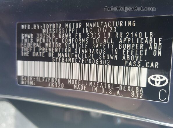 5YFB4MDE7PP008803 2023 TOYOTA COROLLA Gray VIN კოდის სტიკერის ხედი