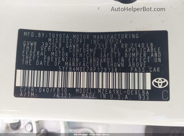 5YFB4MDE7RP129138 2024 TOYOTA COROLLA Белый Вид подкапотного пространства