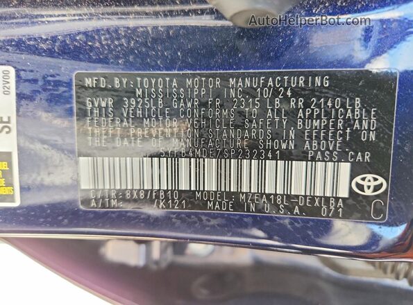 5YFB4MDE7SP232341 2025 TOYOTA COROLLA Синий Вид наклейки с VIN-кодом