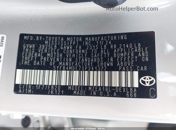 5YFB4MDE7SP241377 2025 TOYOTA COROLLA Silver Вид підкапотного простору