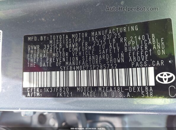 5YFB4MDE7SP285752 2025 TOYOTA COROLLA Blue Շարժիչի բաժամունքի տեսք