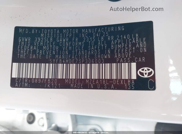 5YFB4MDE7SP306003 2025 TOYOTA COROLLA White Widok komory silnika