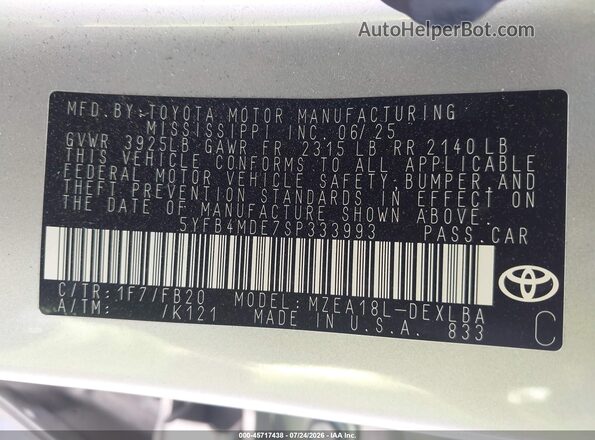 5YFB4MDE7SP333993 2025 TOYOTA COROLLA Silver Widok komory silnika