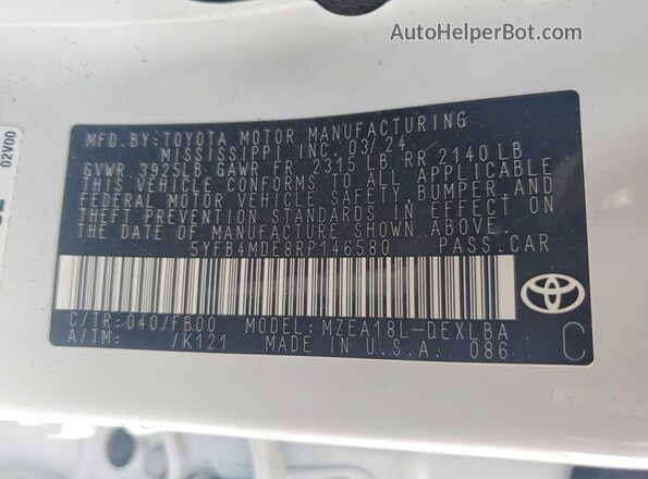 5YFB4MDE8RP146580 2024 TOYOTA COROLLA White Вид підкапотного простору