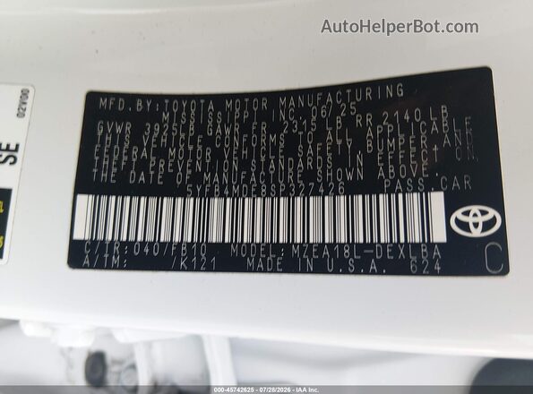 5YFB4MDE8SP327426 2025 TOYOTA COROLLA White Engine compartment view