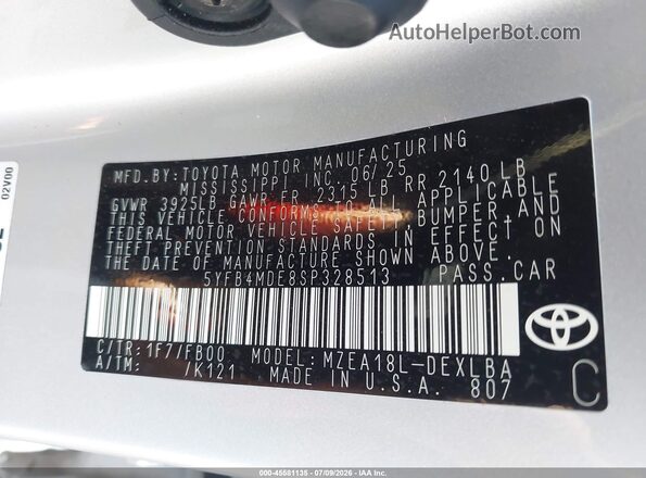 5YFB4MDE8SP328513 2025 TOYOTA COROLLA Silver Widok komory silnika