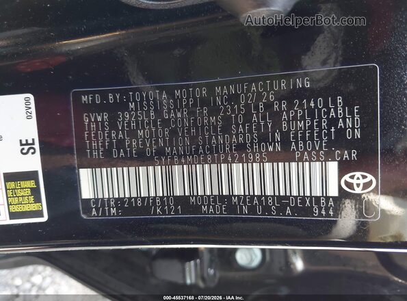 5YFB4MDE8TP421985 2026 TOYOTA COROLLA Black ძრავის განყოფილების ხედი
