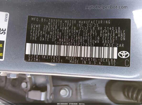 5YFB4MDE9SP278057 2025 TOYOTA COROLLA Gray Vista del compartimento del motor